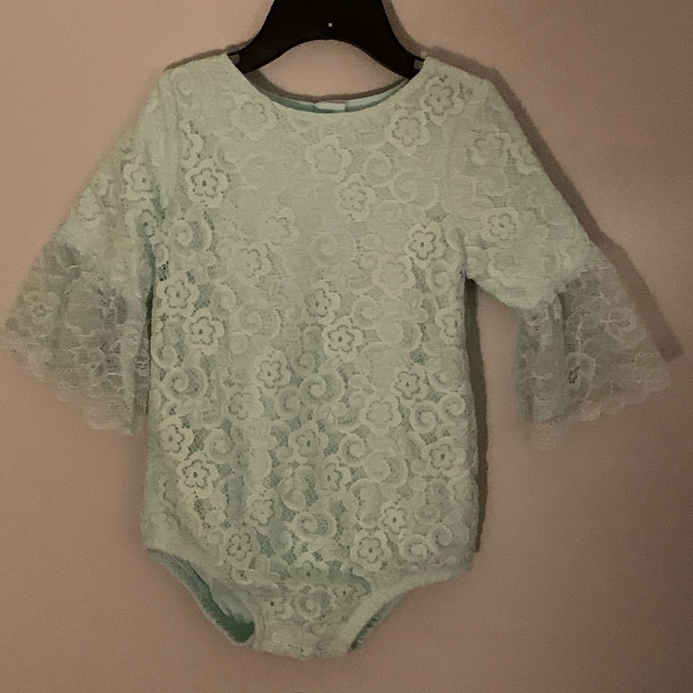 Teal cat and jack lace bell sleeve toddler onesie